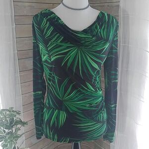 Michael Kors Black Green Leaf long sleeve blouse Shirt Top EUC